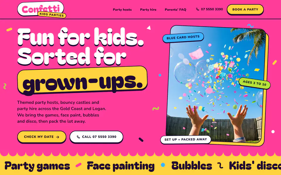 The home page of Confetti Kids Parties, a concept website for a fictional kids’ party company in Nerang QLD.