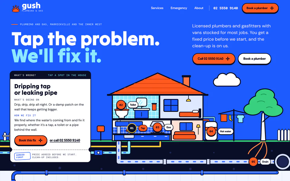The home page of Gush Plumbing & Gas, a concept website for a fictional plumber and gasfitter in Marrickville NSW.