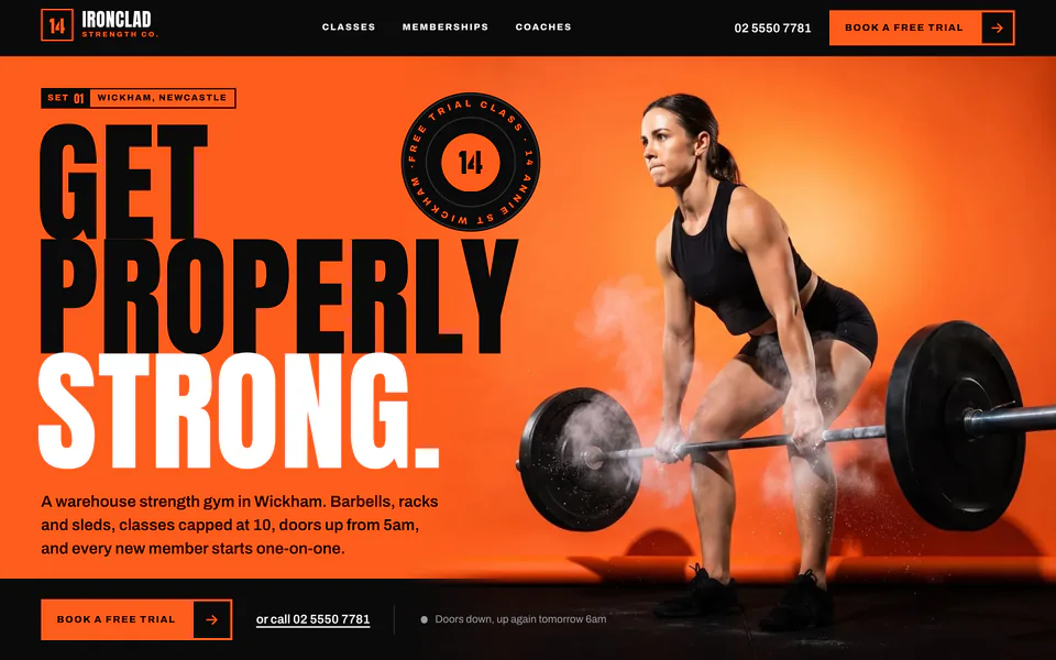 The home page of Ironclad Strength Co., a concept website for a fictional strength gym in Wickham NSW.