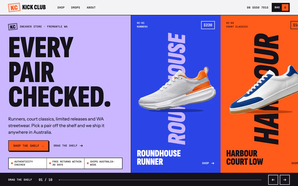 The home page of Kick Club, a concept website for a fictional sneaker and streetwear store in Fremantle WA.