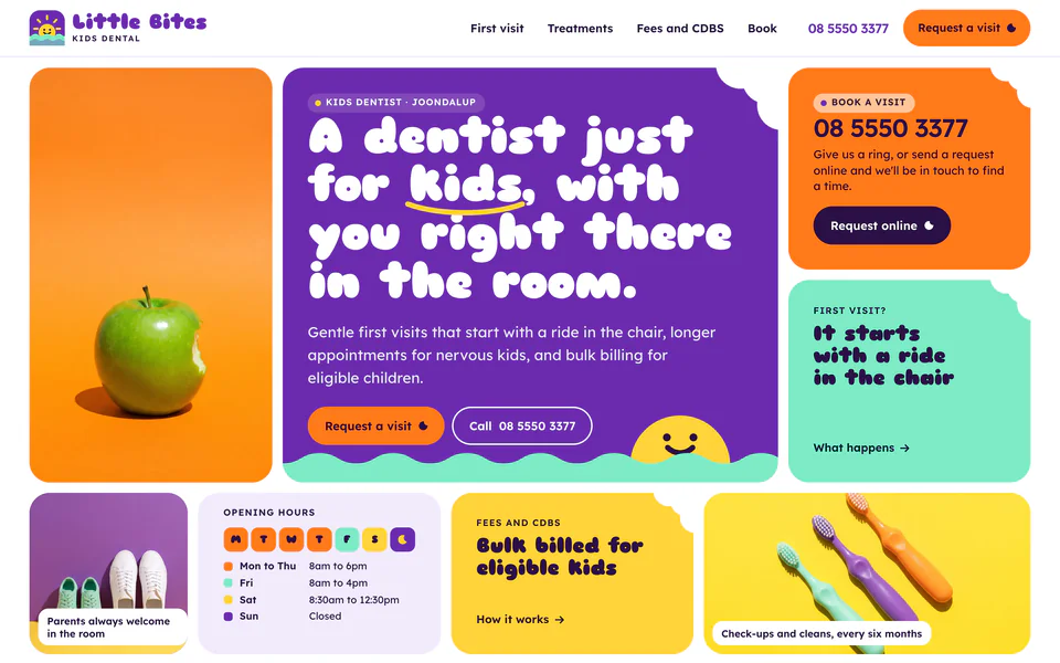The home page of Little Bites Kids Dental, a concept website for a fictional kids’ dental practice in Joondalup WA.