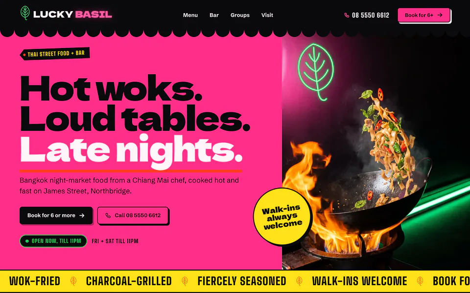 The home page of Lucky Basil, a concept website for a fictional Thai street food restaurant in Northbridge WA.