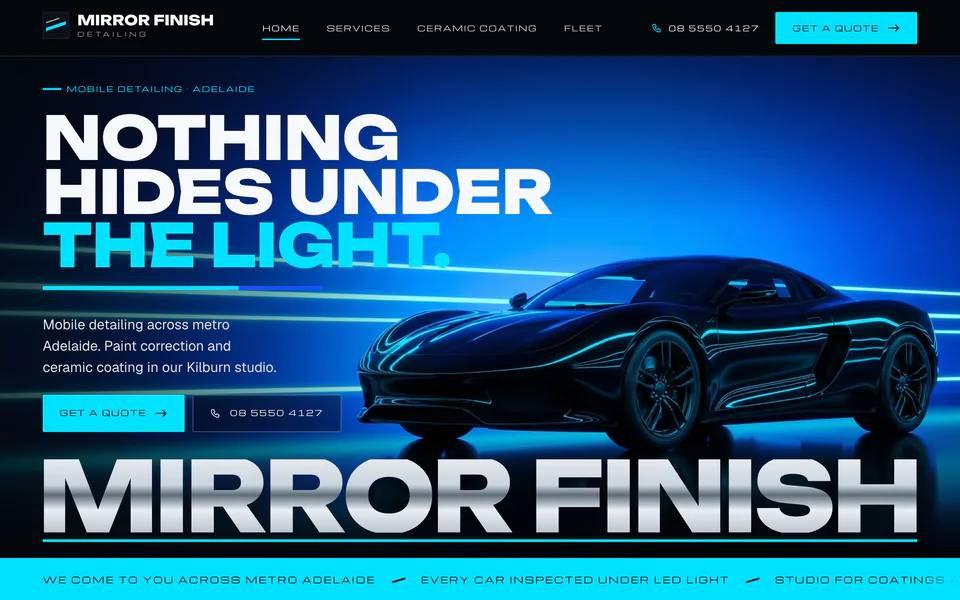 The home page of Mirror Finish Detailing, a concept website for a fictional car detailing studio in Kilburn SA.