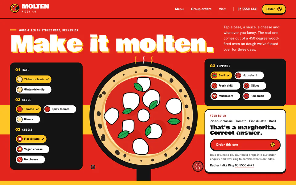 The home page of Molten Pizza Co., a concept website for a fictional wood-fired pizza shop in Brunswick VIC.