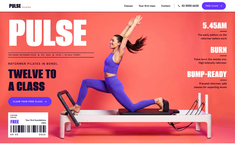 The home page of Pulse Pilates, a concept website for a fictional reformer pilates studio in Bondi Beach NSW.