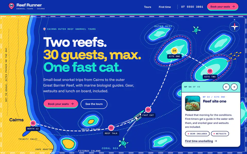 The home page of Reef Runner Snorkel Tours, a concept website for a fictional snorkel tour operator in Cairns QLD.