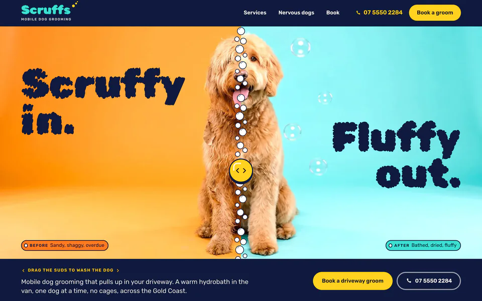 The home page of Scruffs Mobile Dog Grooming, a concept website for a fictional mobile dog grooming business in Nerang QLD.
