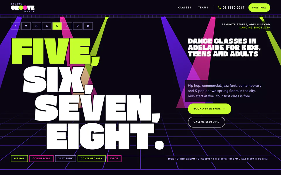 The home page of Studio Groove Dance, a concept website for a fictional dance school in Adelaide SA.