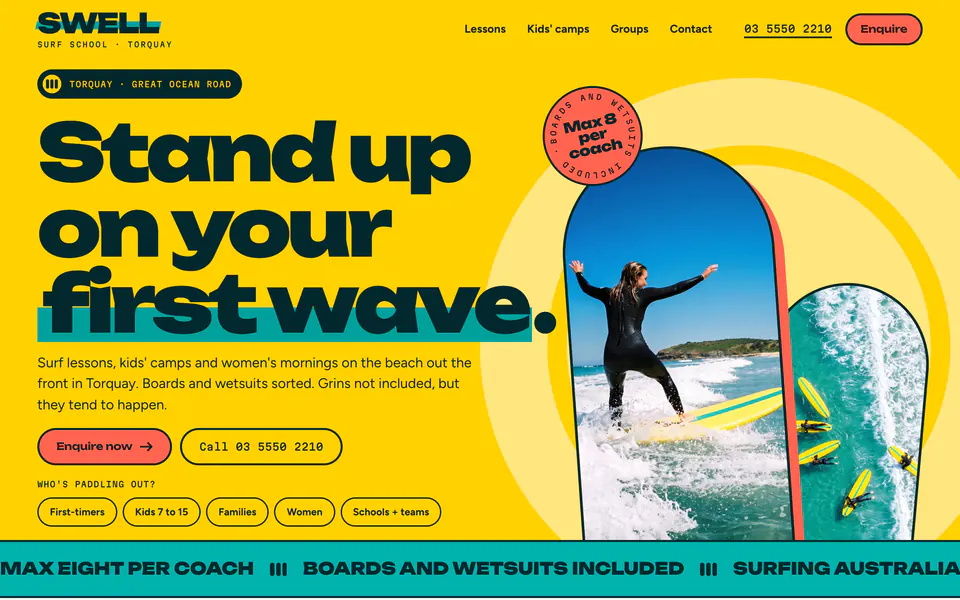 The home page of Swell Surf School, a concept website for a fictional surf school in Torquay VIC.