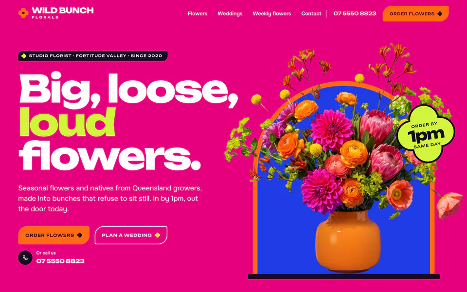 The home page of Wild Bunch Florals, a concept website for a fictional florist in Fortitude Valley QLD.