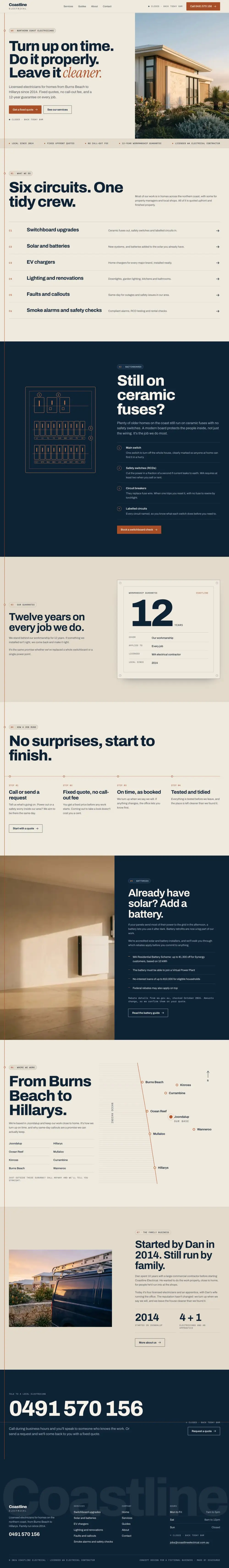 The full Coastline Electrical concept home page on a desktop screen