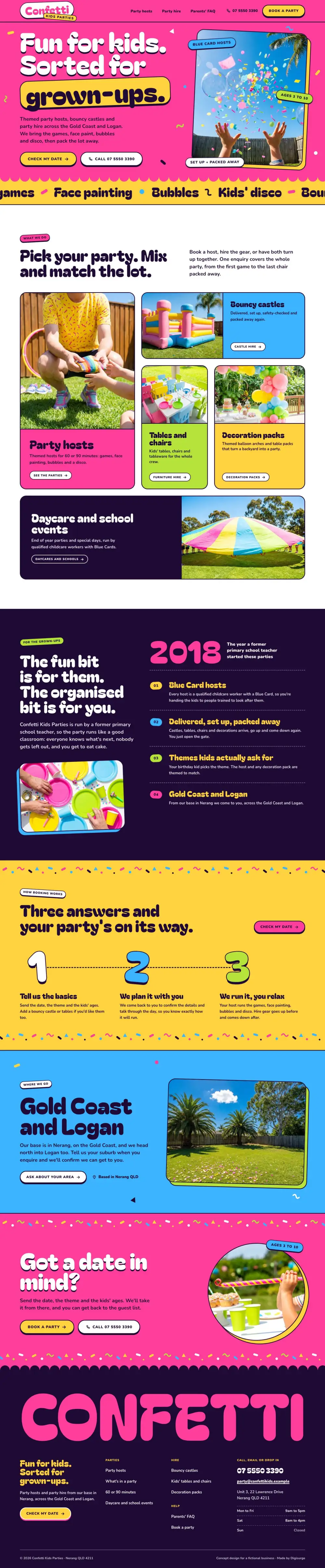 The full home page of Confetti Kids Parties, a concept website, on a desktop screen.