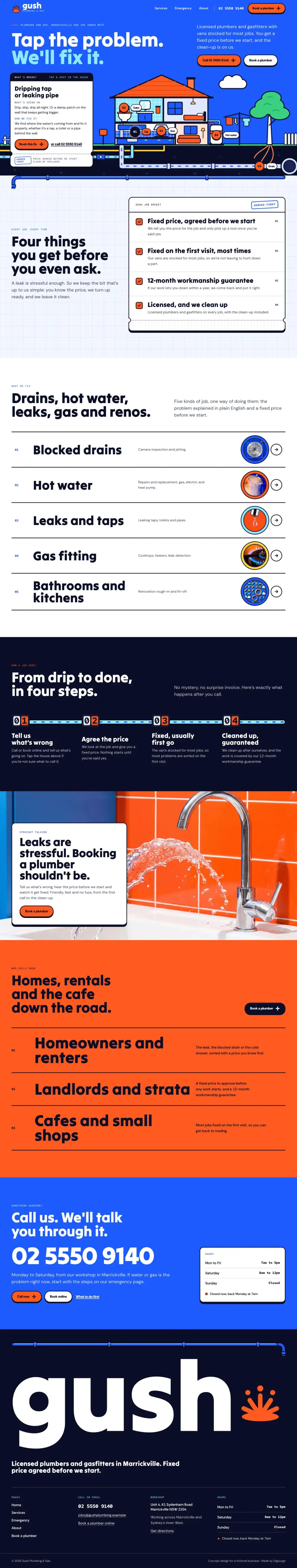 The full home page of Gush Plumbing & Gas, a concept website, on a desktop screen.