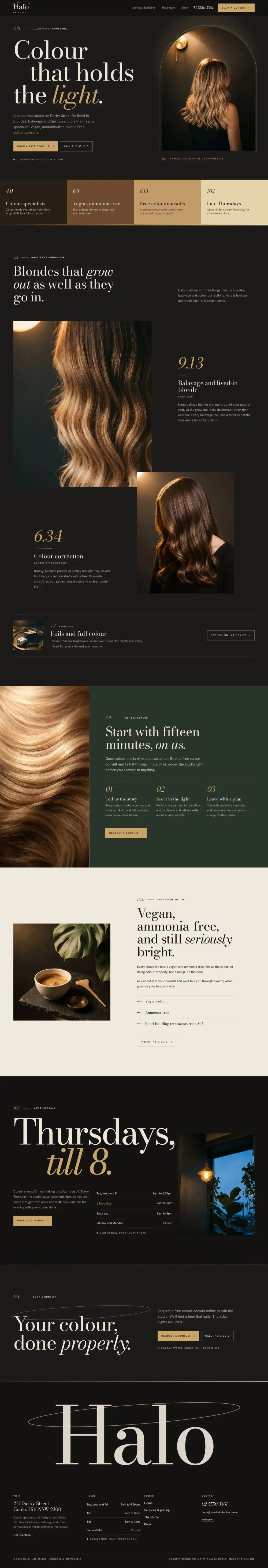 The full Halo Hair Studio concept home page on a desktop screen