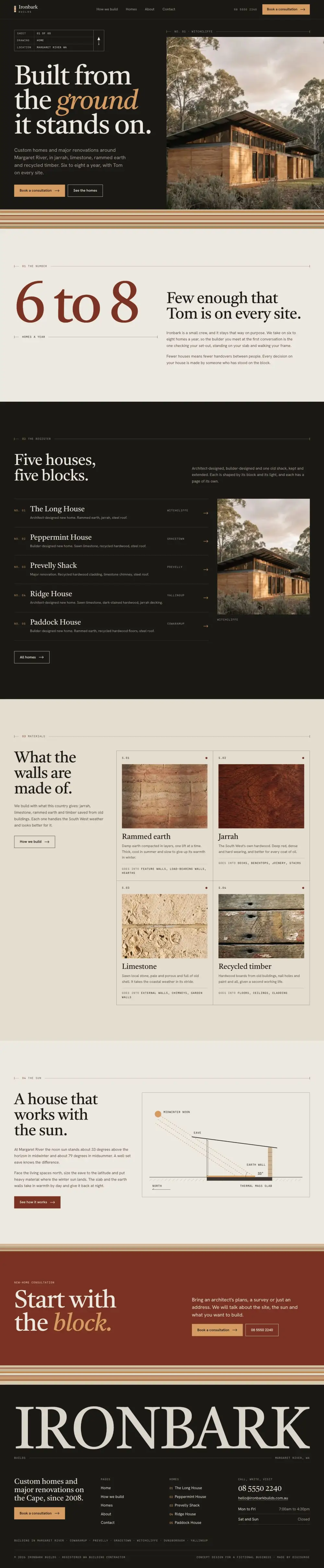 The full Ironbark Builds concept home page on a desktop screen