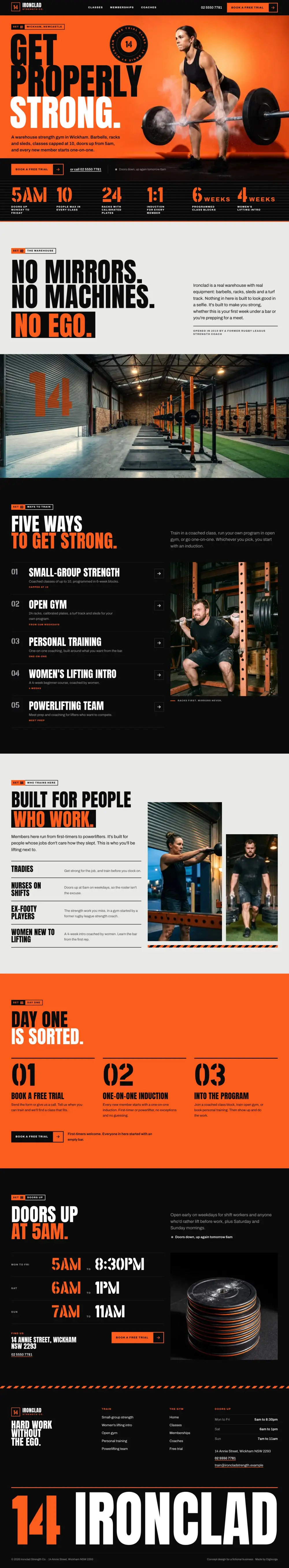 The full home page of Ironclad Strength Co., a concept website, on a desktop screen.