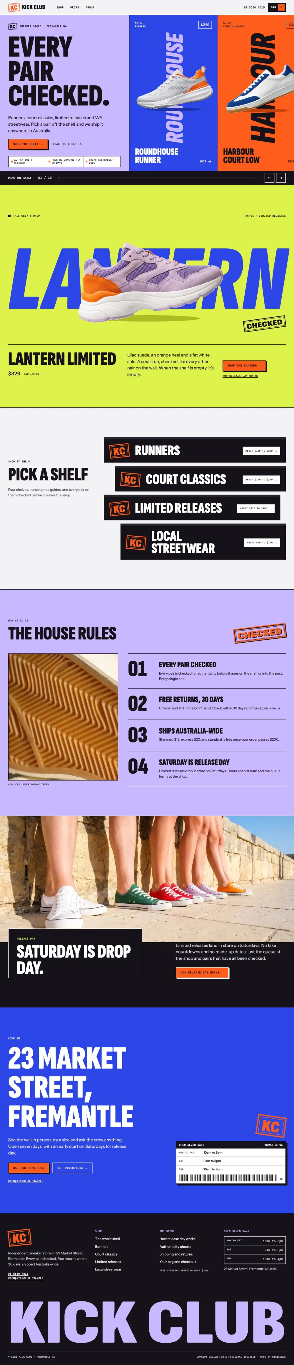 The full home page of Kick Club, a concept website, on a desktop screen.