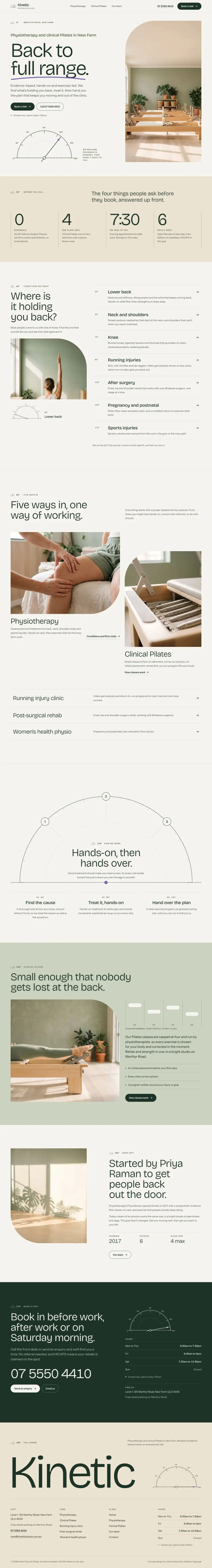 The full Kinetic Physio & Pilates concept home page on a desktop screen