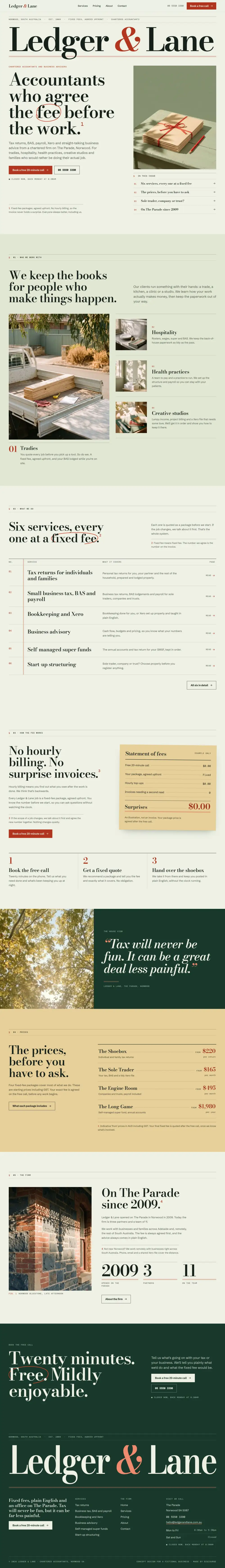 The full Ledger & Lane concept home page on a desktop screen