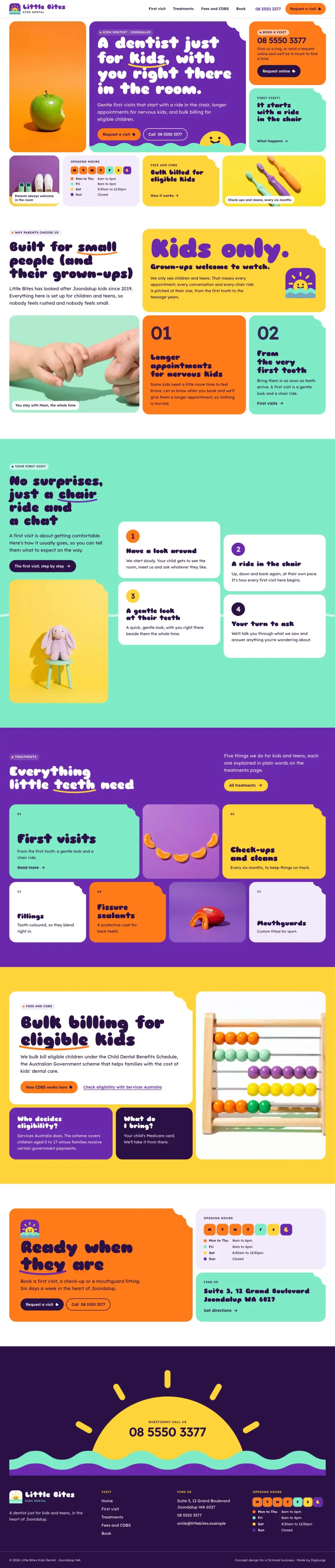 The full home page of Little Bites Kids Dental, a concept website, on a desktop screen.