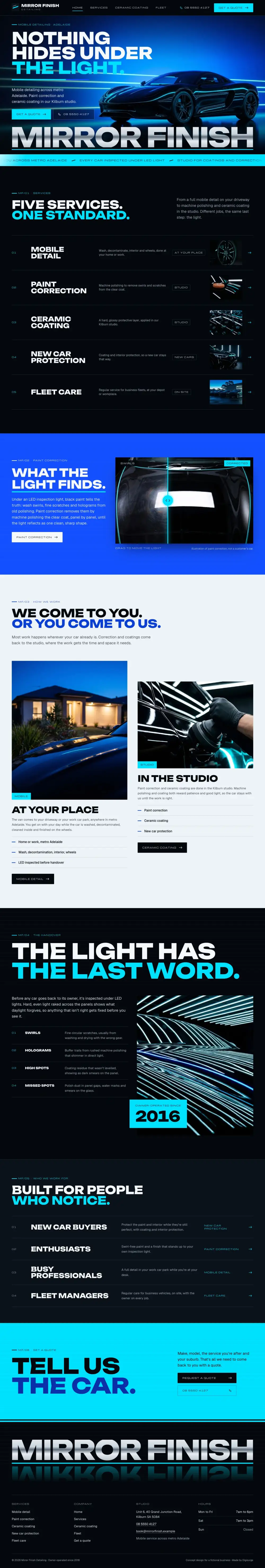 The full home page of Mirror Finish Detailing, a concept website, on a desktop screen.