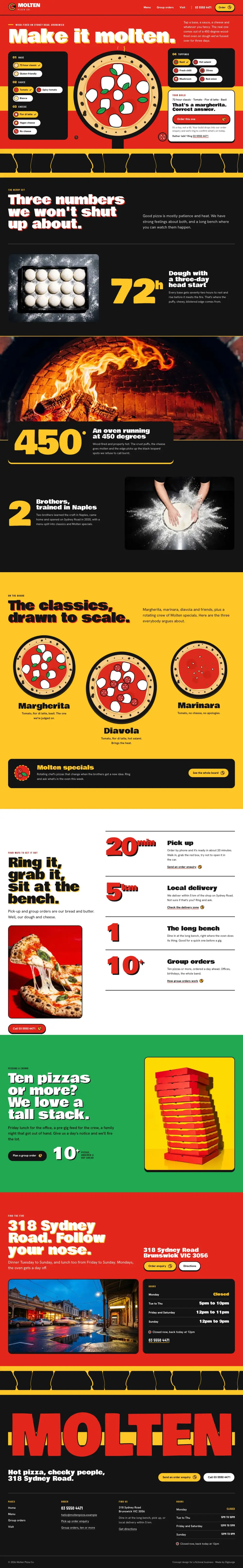 The full home page of Molten Pizza Co., a concept website, on a desktop screen.