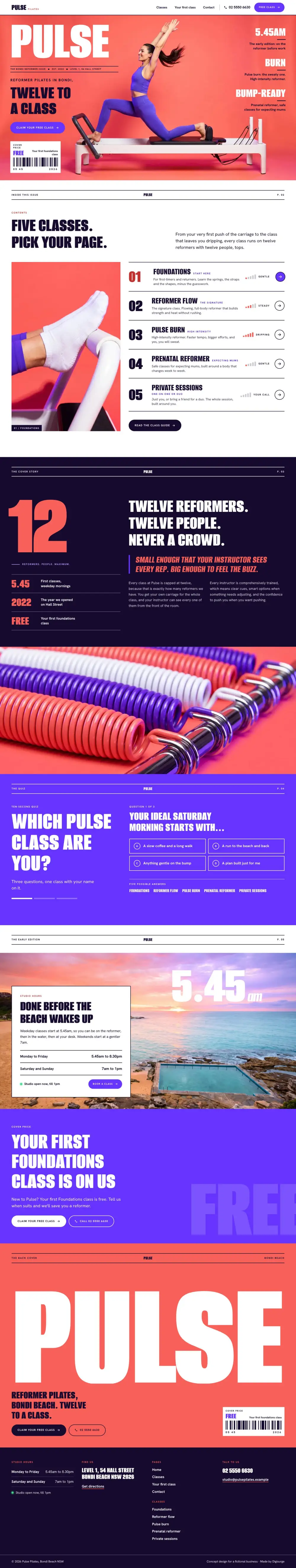 The full home page of Pulse Pilates, a concept website, on a desktop screen.
