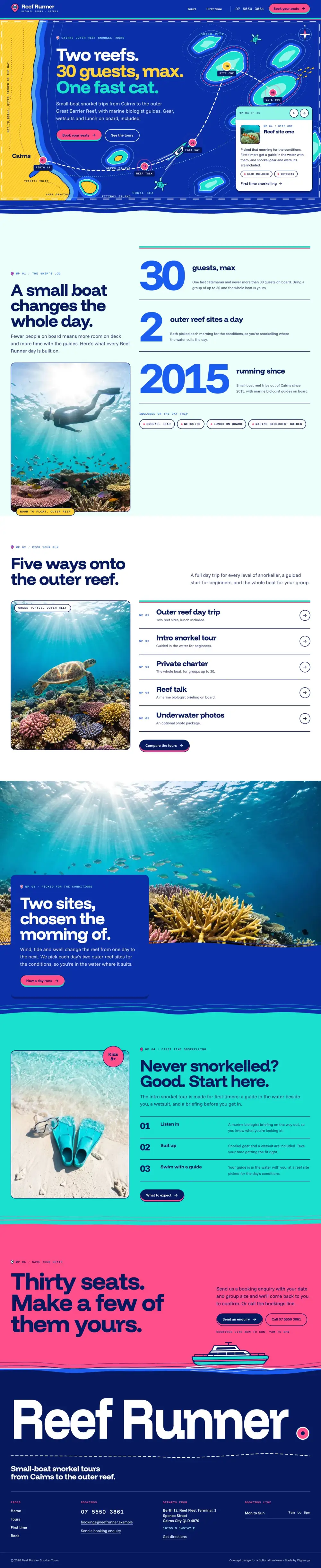 The full home page of Reef Runner Snorkel Tours, a concept website, on a desktop screen.
