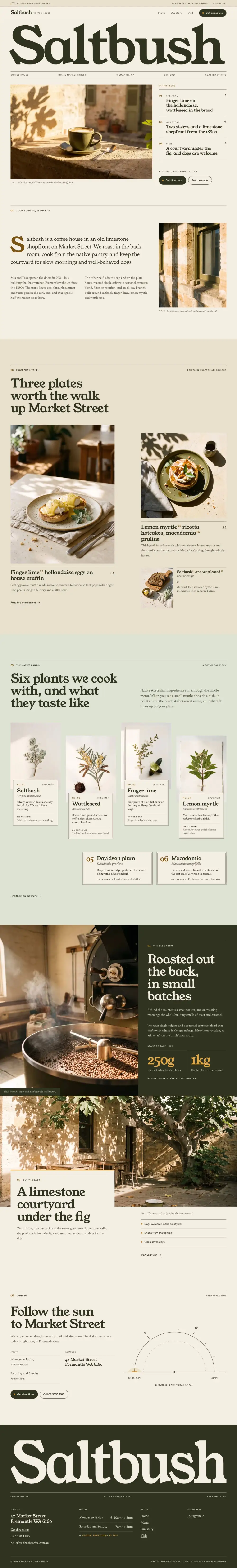 The full Saltbush Coffee House concept home page on a desktop screen