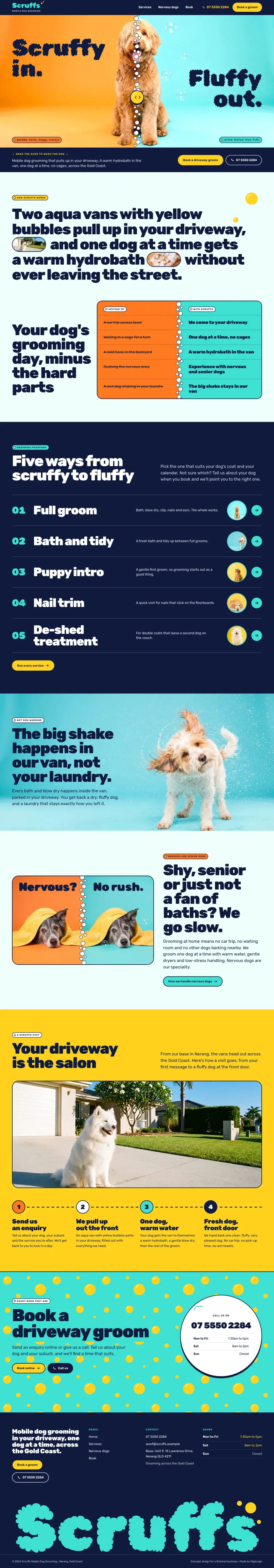 The full home page of Scruffs Mobile Dog Grooming, a concept website, on a desktop screen.