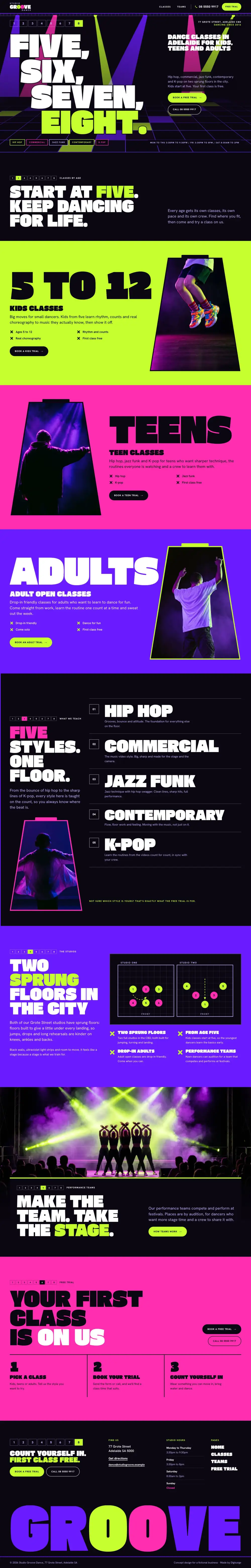 The full home page of Studio Groove Dance, a concept website, on a desktop screen.