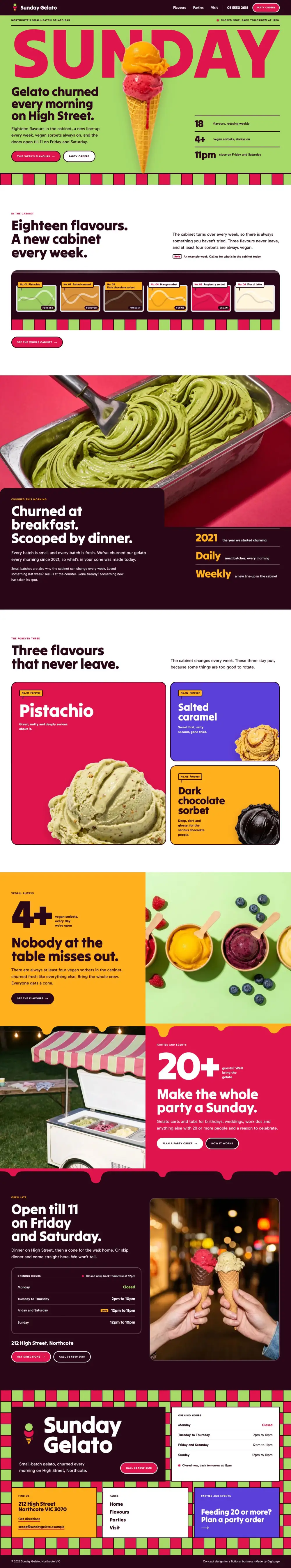 The full home page of Sunday Gelato, a concept website, on a desktop screen.