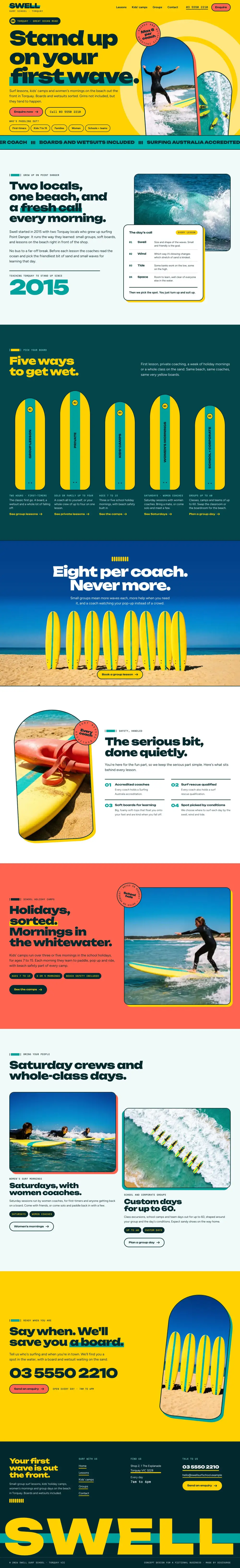 The full home page of Swell Surf School, a concept website, on a desktop screen.