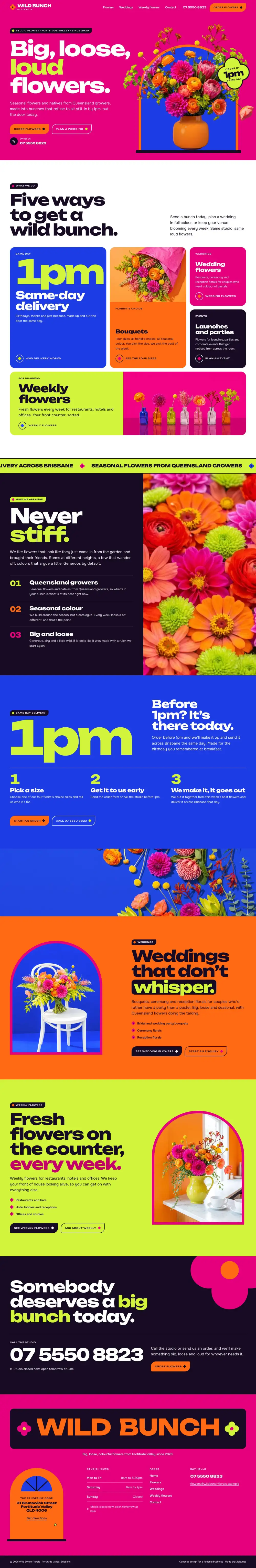 The full home page of Wild Bunch Florals, a concept website, on a desktop screen.