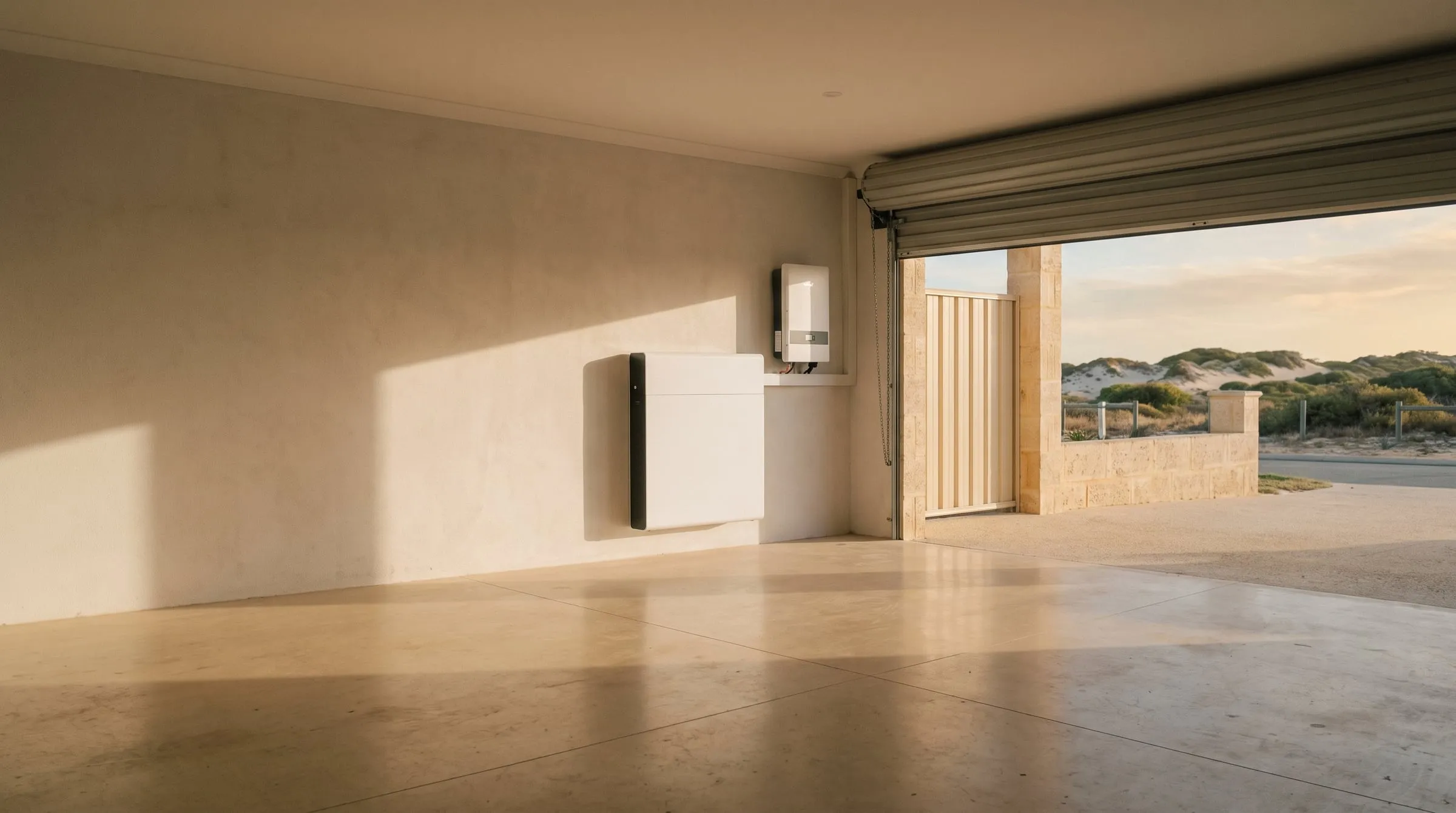A wall-mounted home battery and inverter in a tidy garage, late sun coming through the door