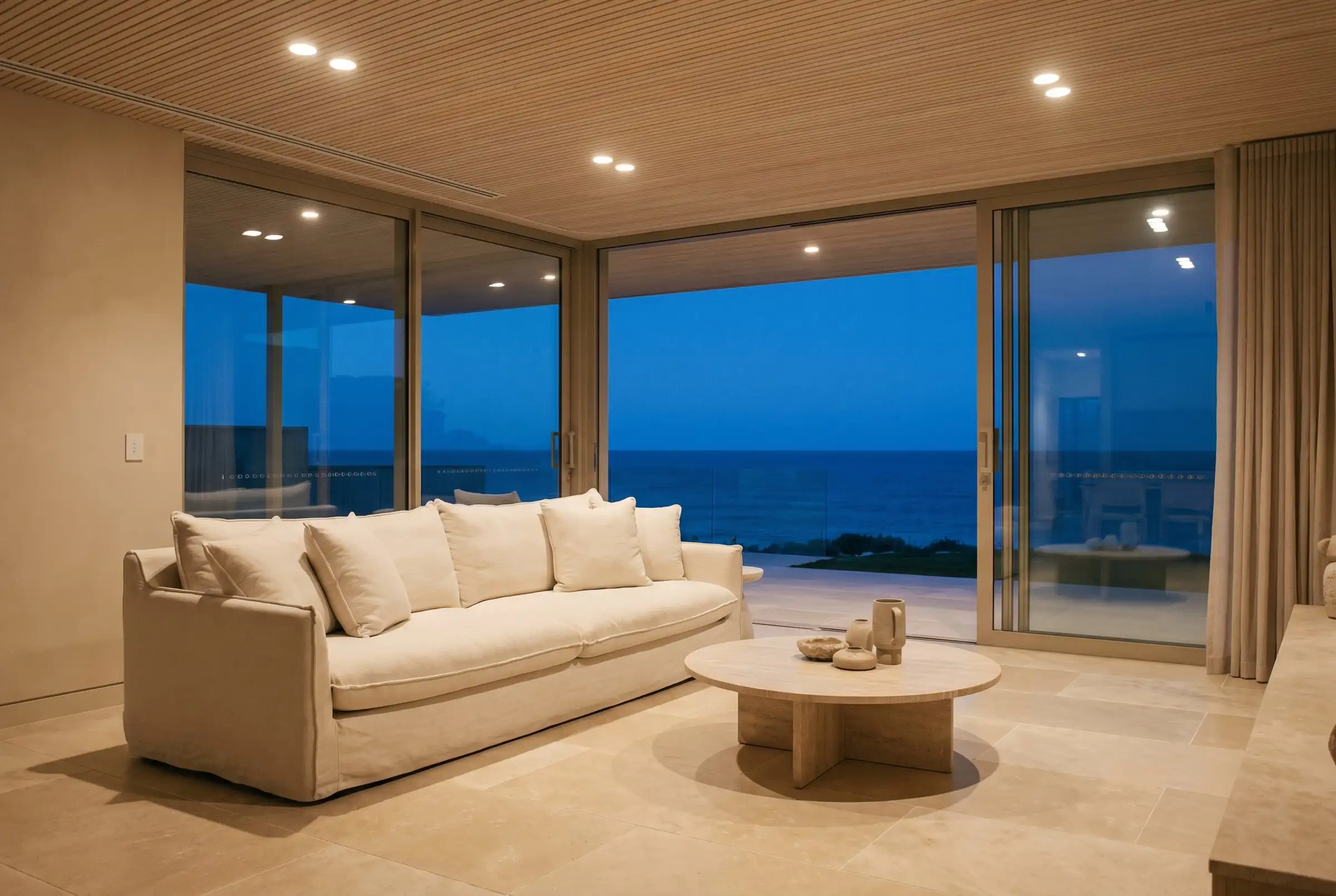 A living room with timber-lined ceiling and warm LED downlights at dusk