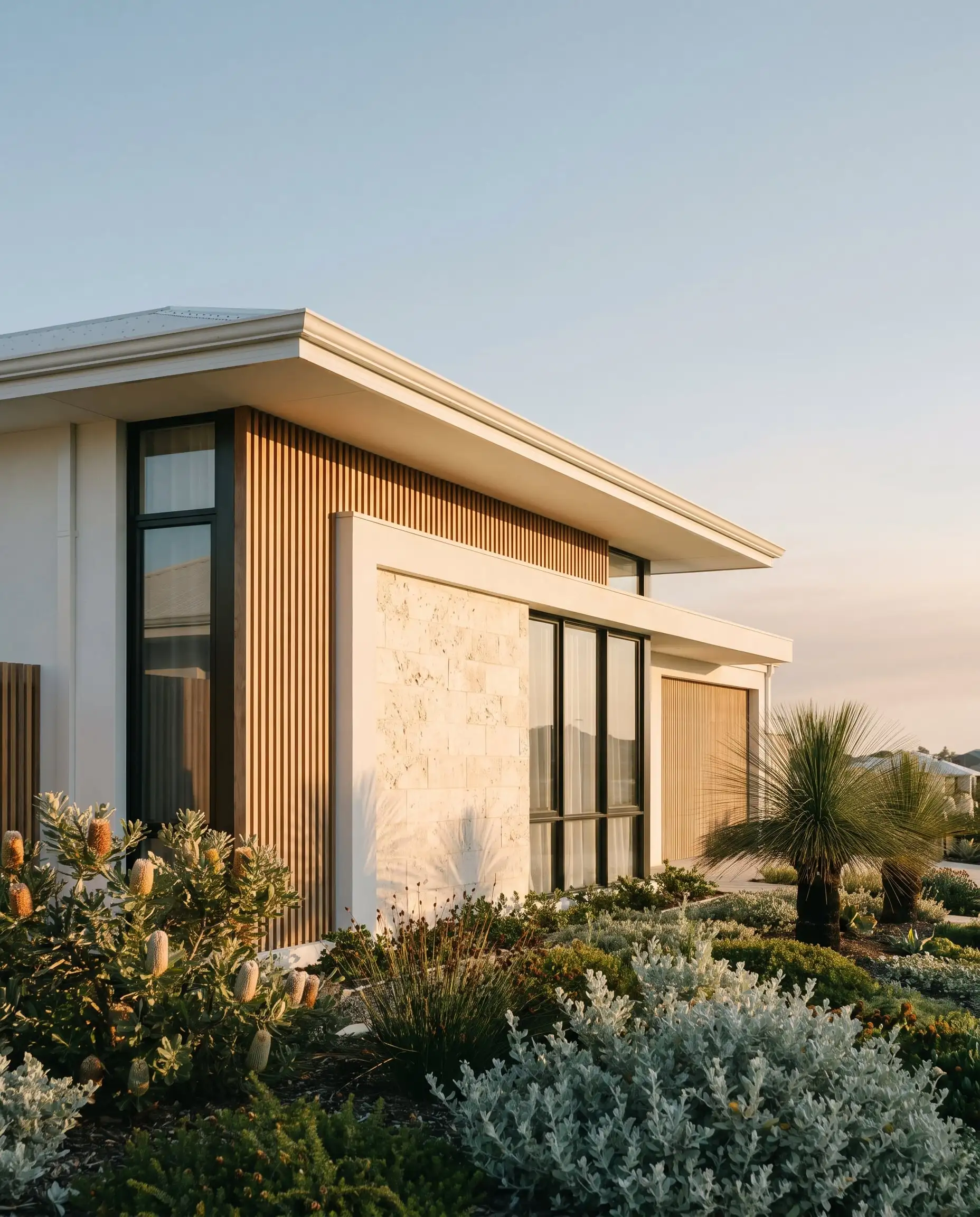 A modern limestone and render home on Perth's northern coast in late afternoon sun