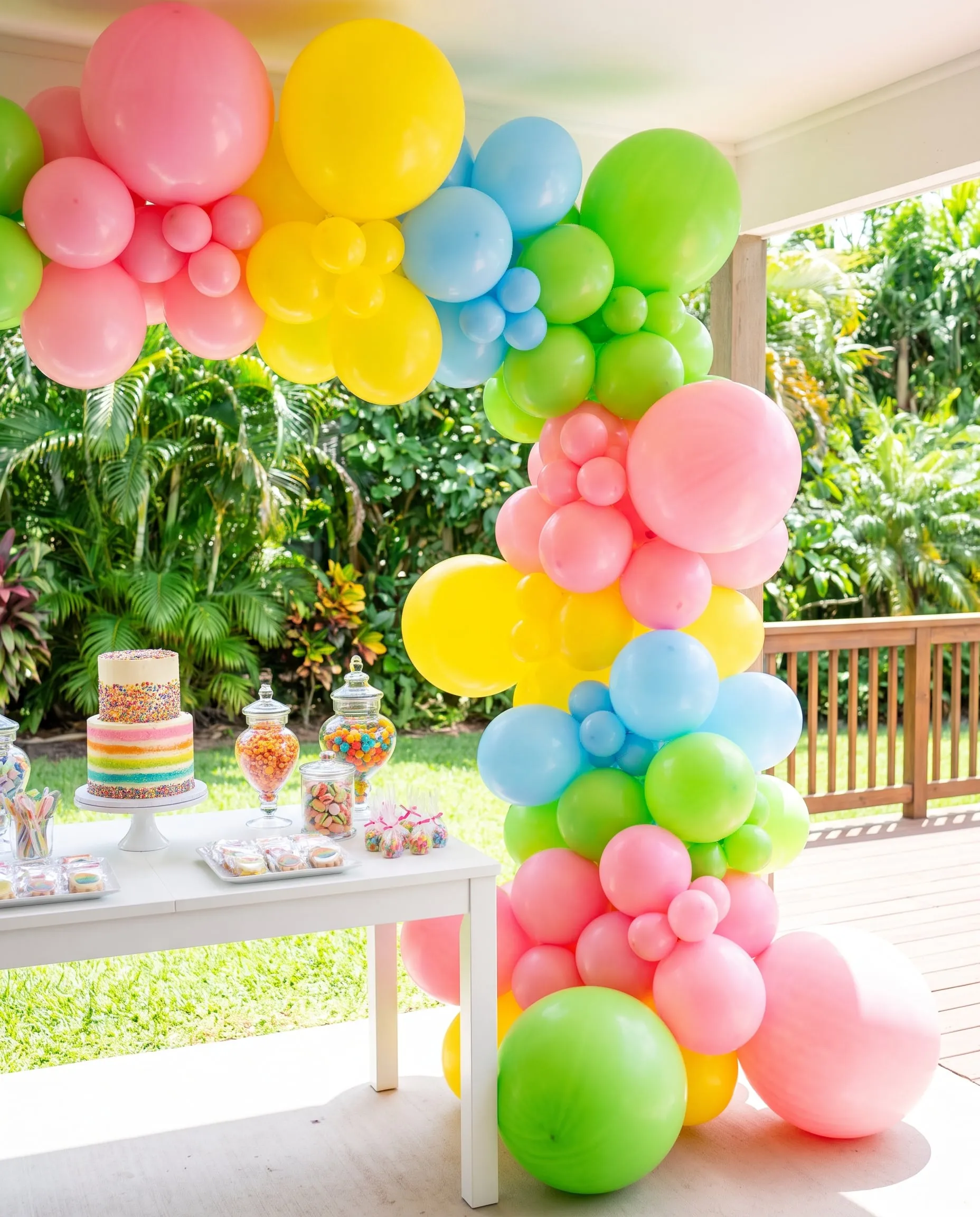 A pink, yellow, blue and green balloon arch beside a party table on a sunny patio