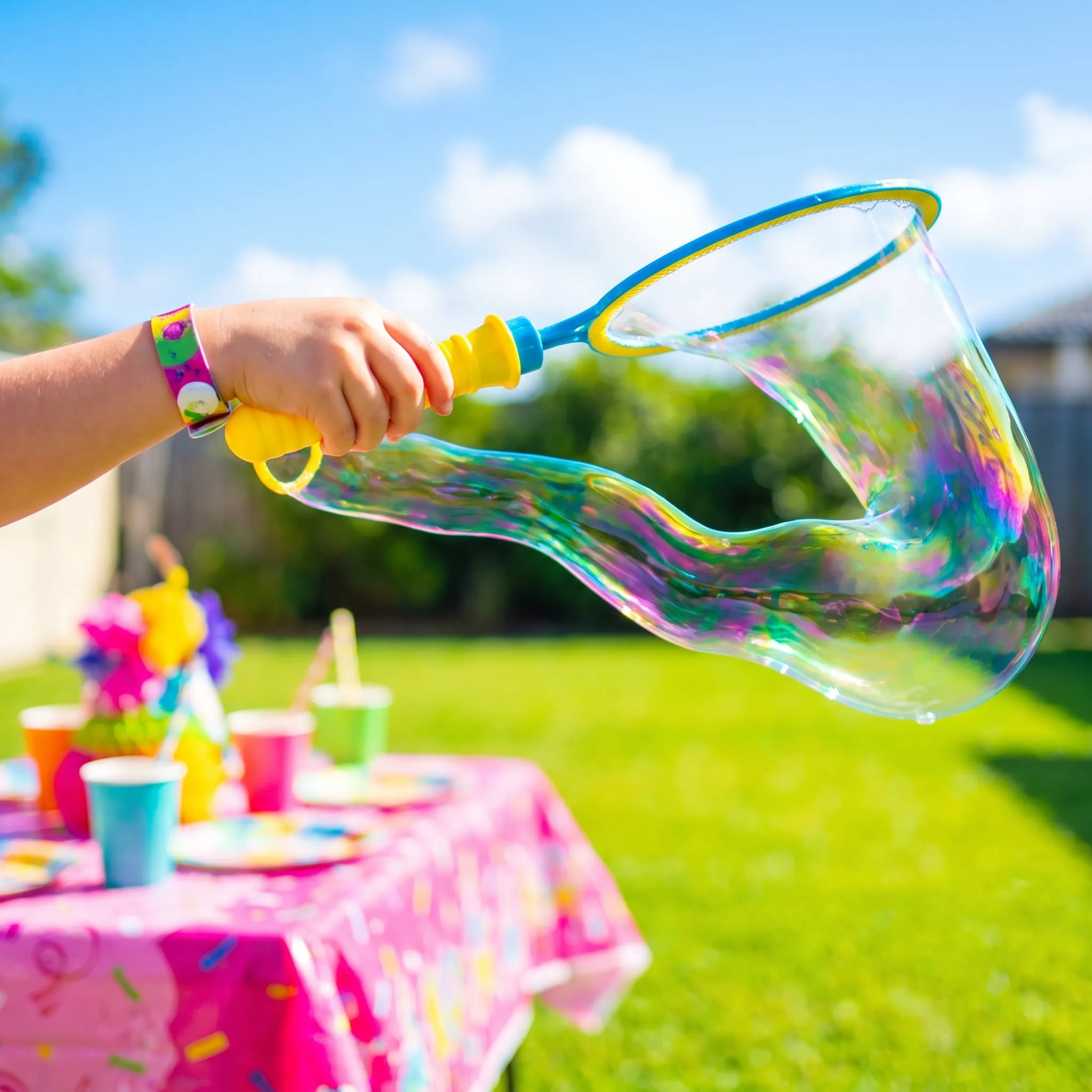 A bubble wand pulling a long rainbow soap bubble over a backyard party table