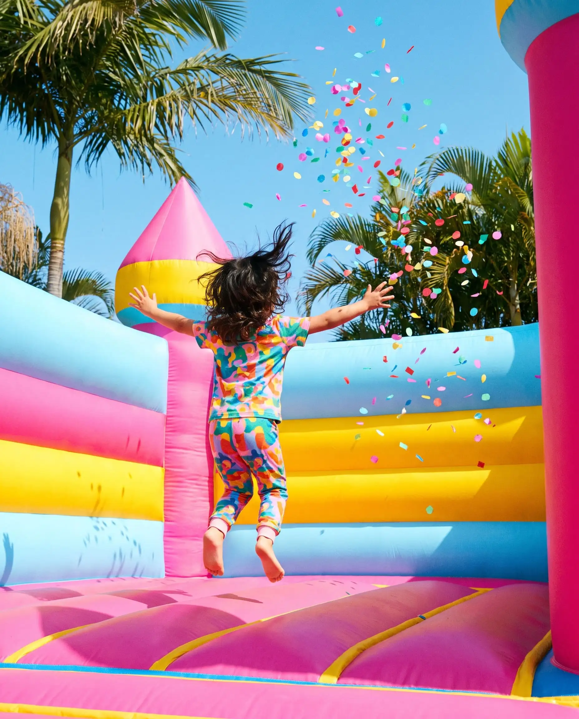 A child mid-jump on a pink, yellow and blue bouncy castle under a blue sky, seen from behind