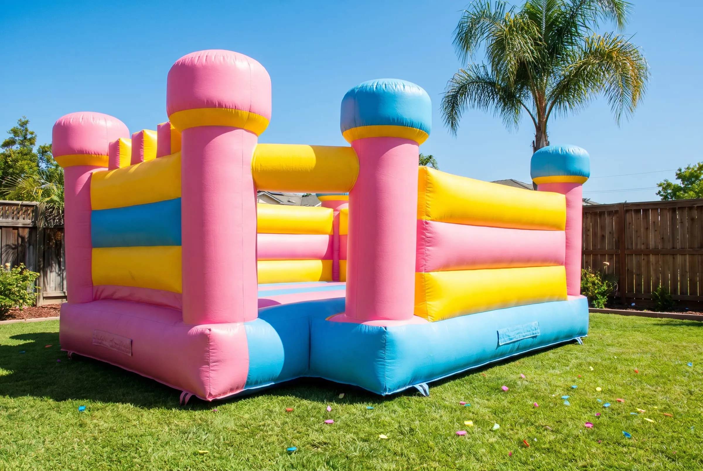 A pink, yellow and blue bouncy castle on a green backyard lawn under a blue sky