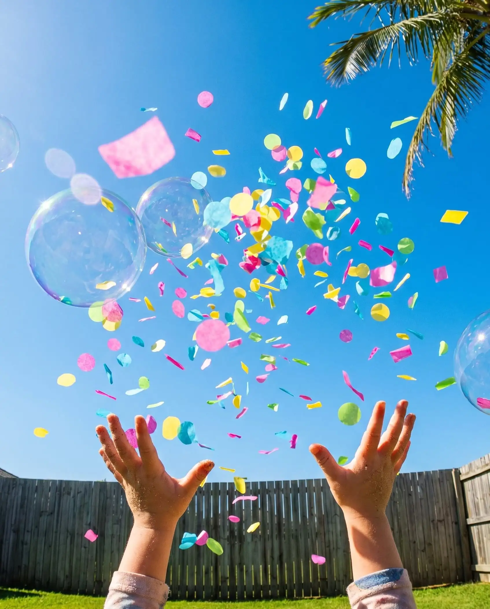 Small hands reaching up to catch confetti and giant bubbles against a blue sky in a sunny backyard