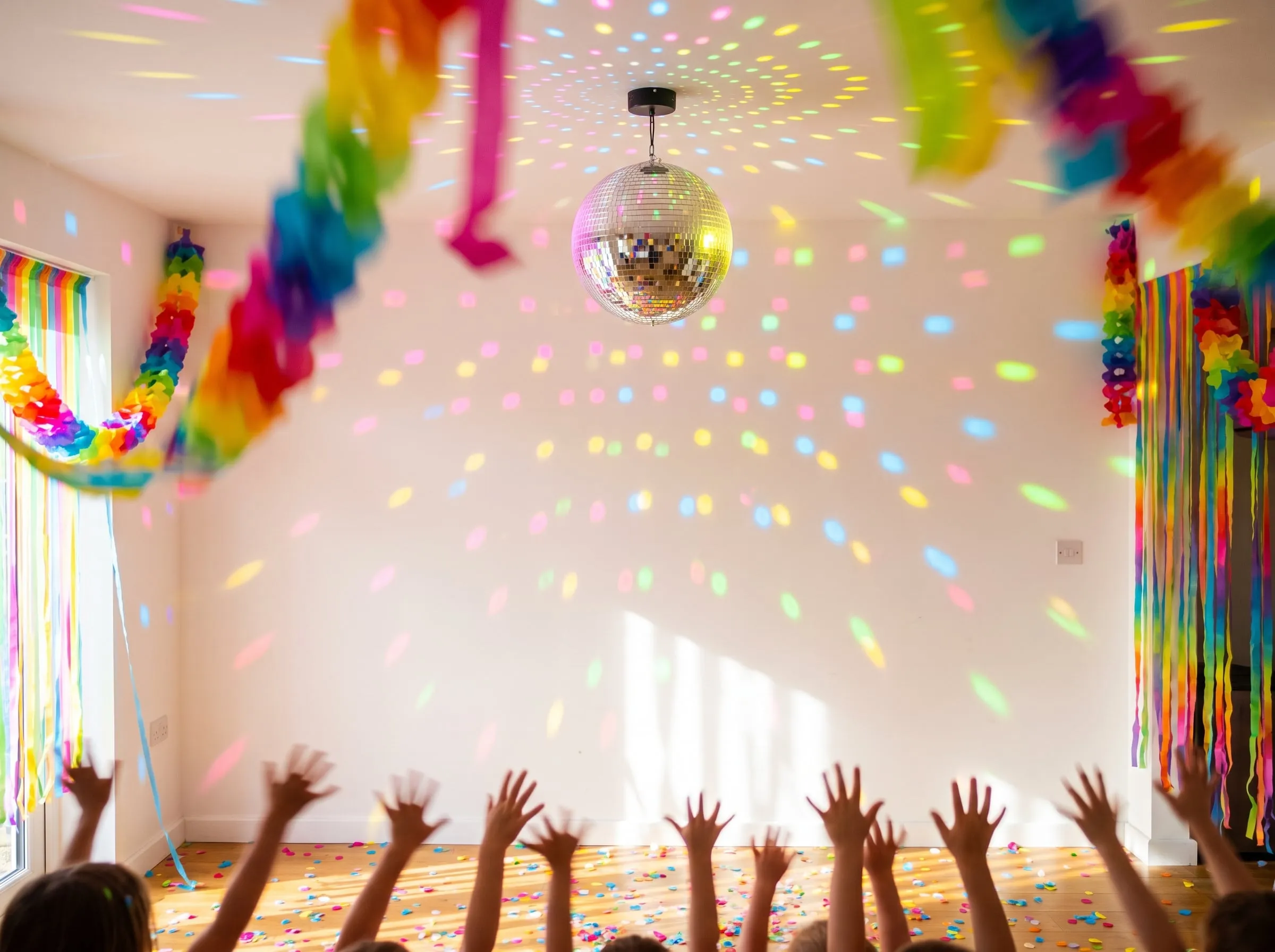 A mirror ball throwing coloured light spots across a room as small hands wave in the air