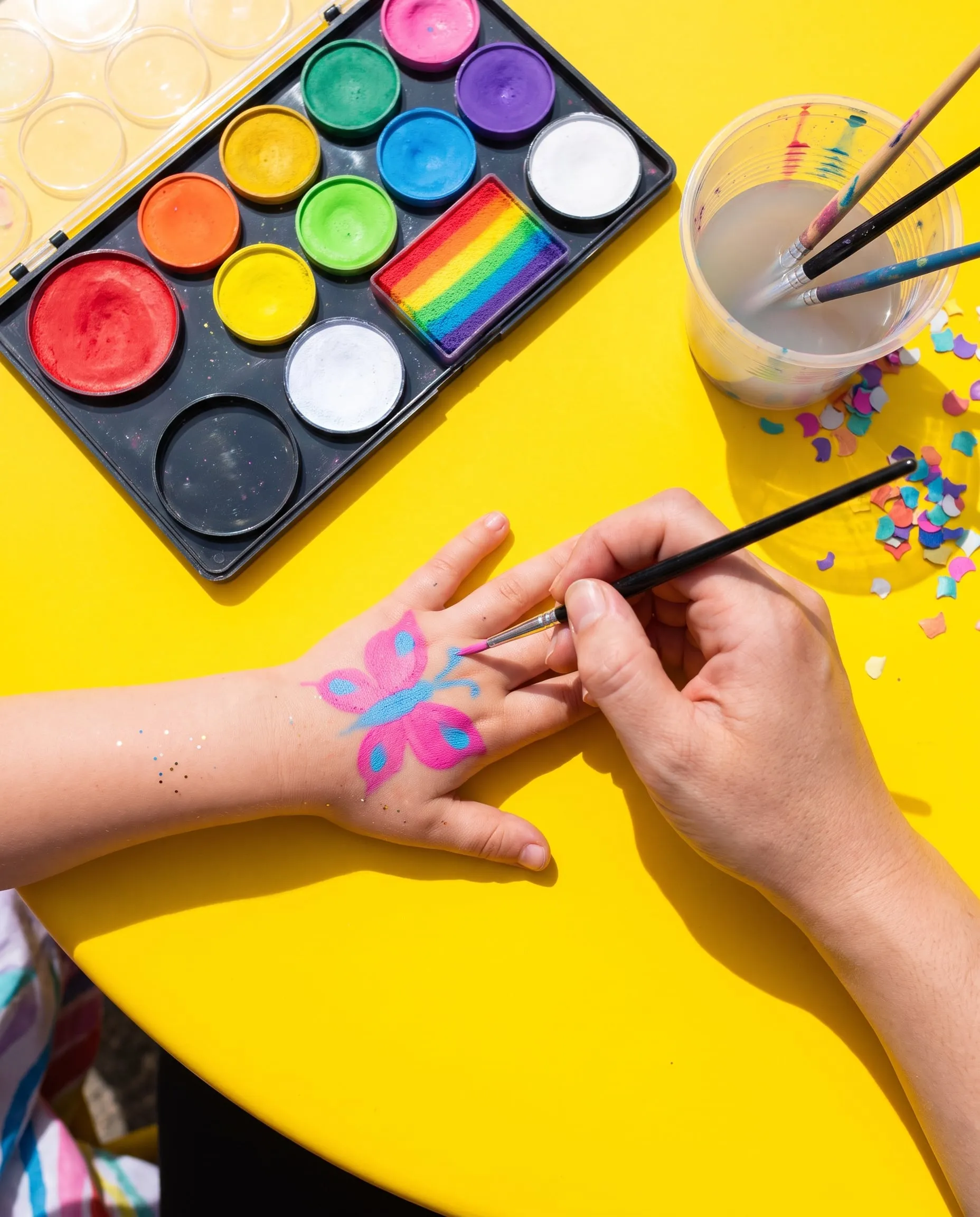A butterfly being face-painted on the back of a small child's hand beside a paint palette