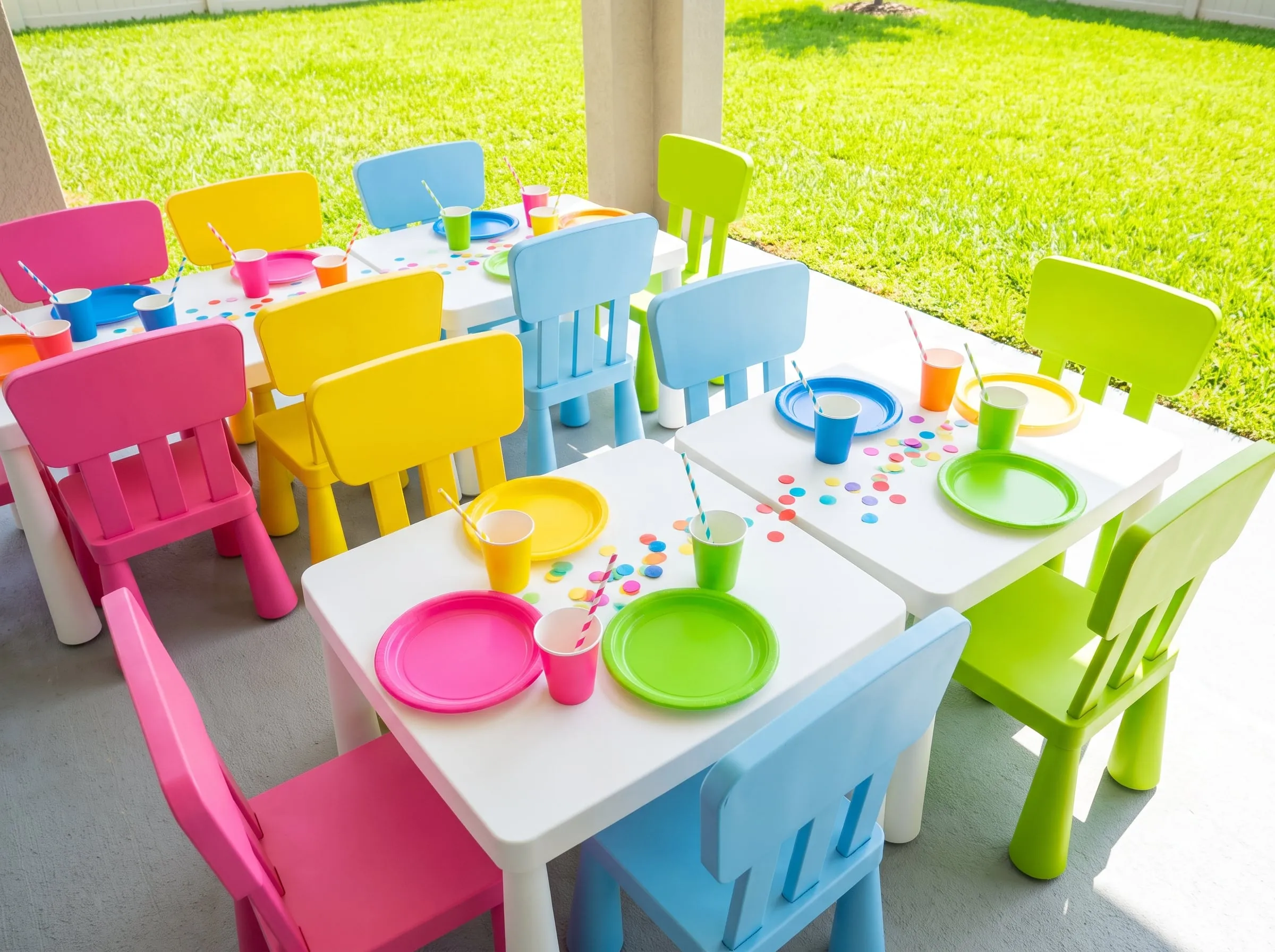 Little kids' tables and chairs in pink, yellow, blue and green set with bright plates and cups