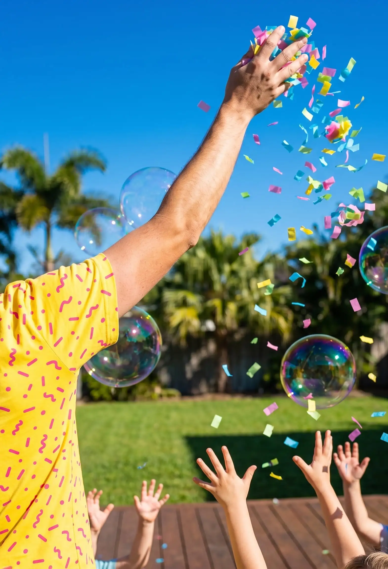 A host in a yellow confetti-print shirt throwing confetti into the air as kids' hands reach up between bubbles