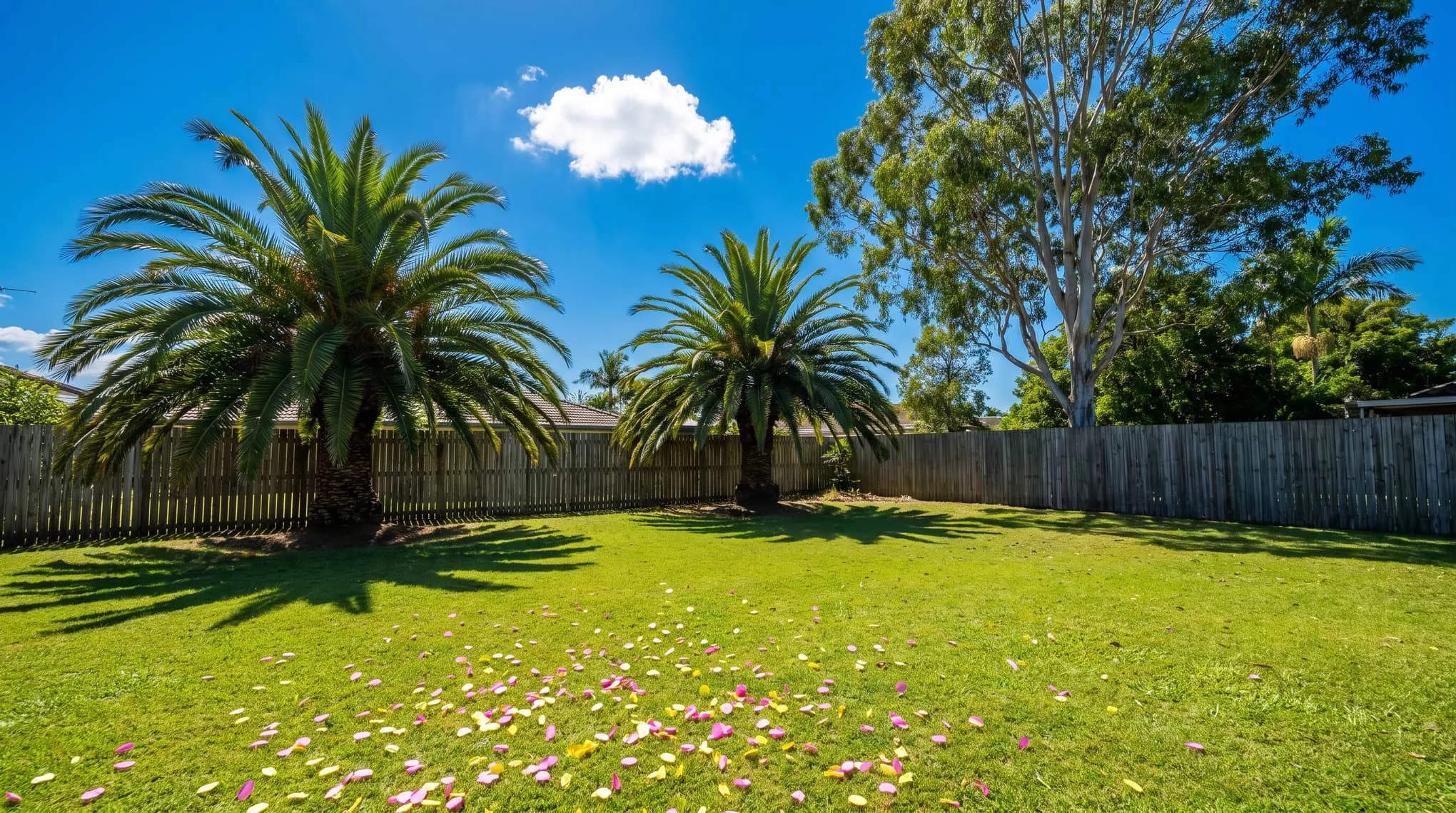 A sunny Queensland backyard lawn with palm trees, a blue sky and a little confetti on the grass