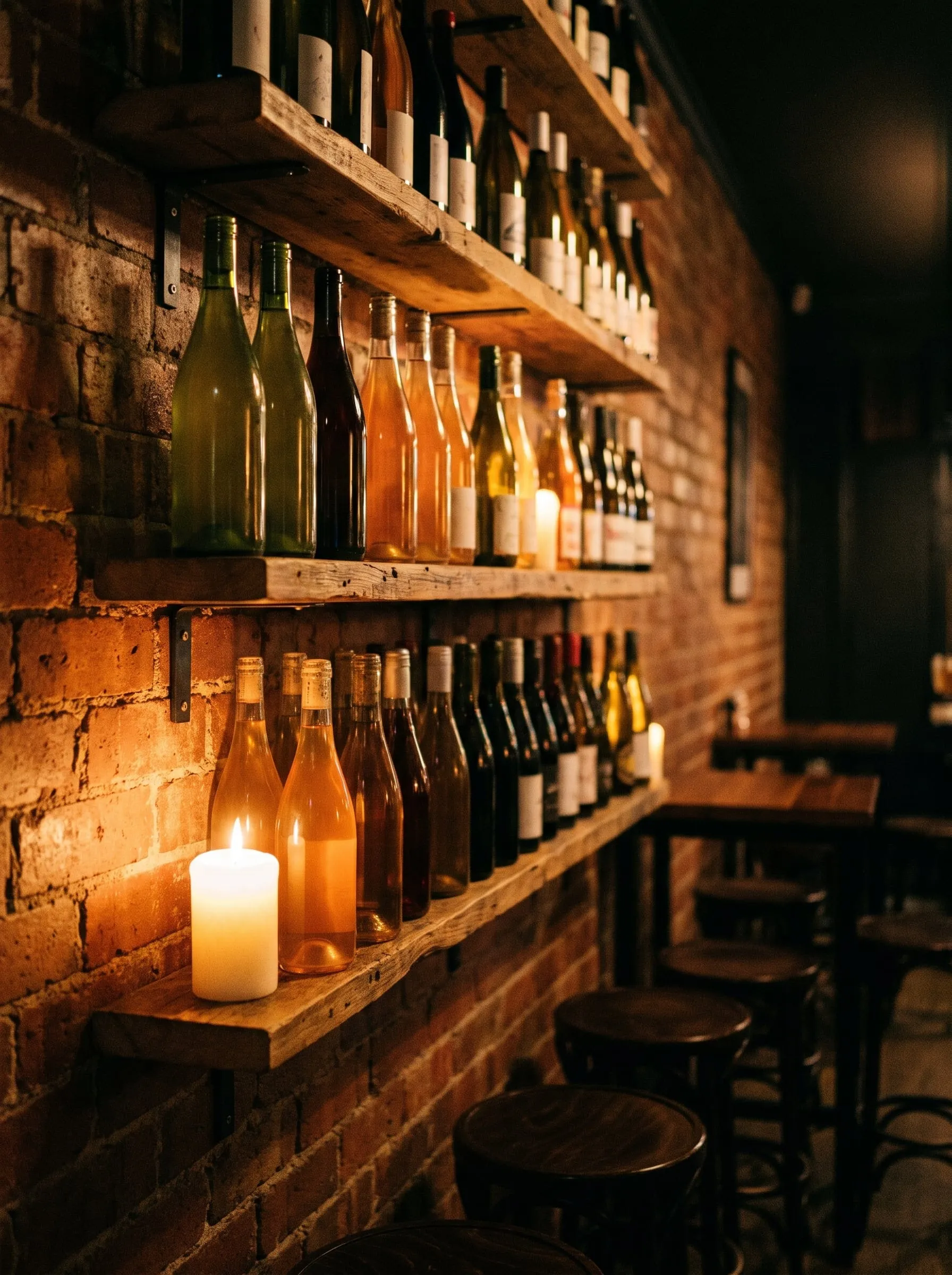 Timber shelves of wine bottles in orange, amber and green glass against a candlelit brick wall, bar stools below.