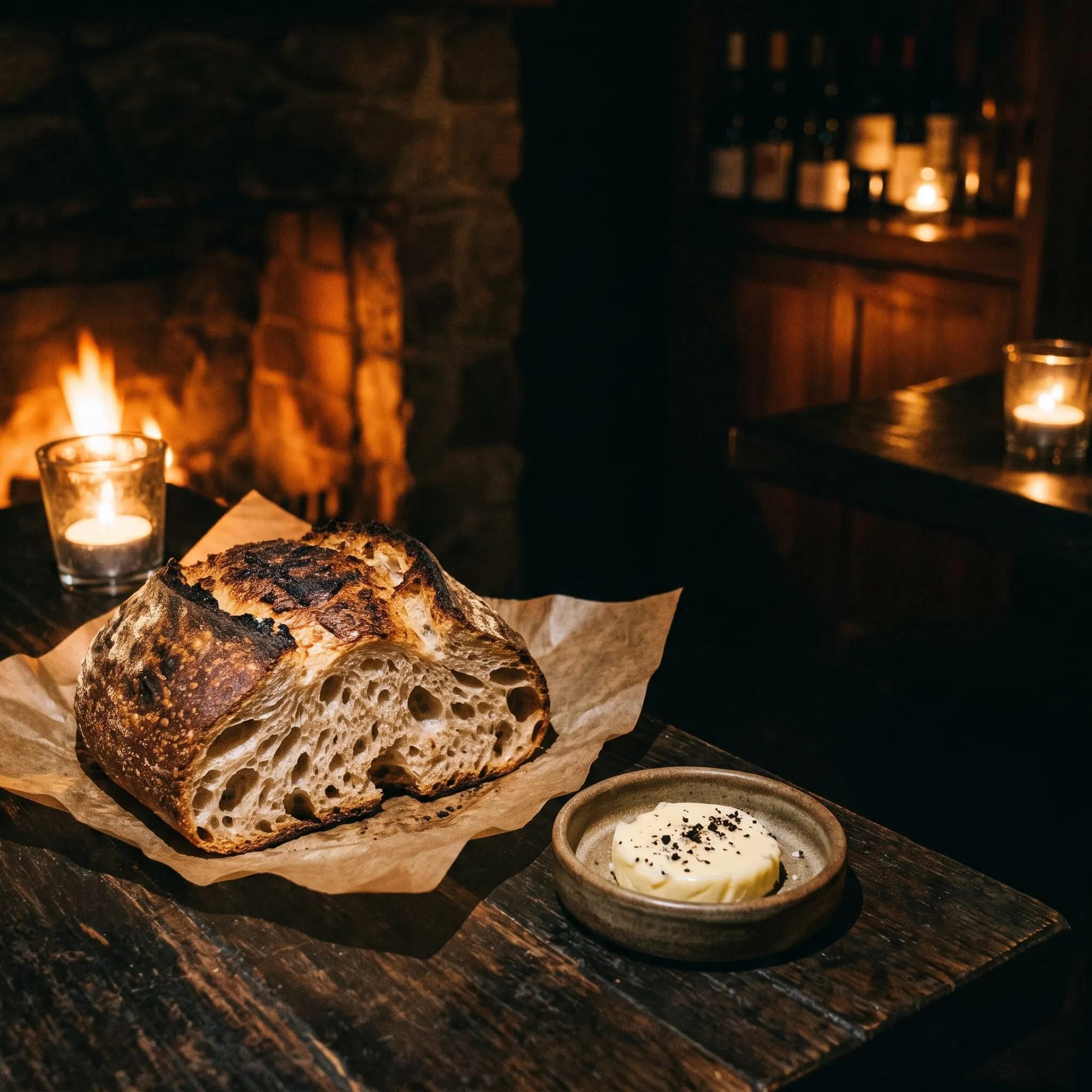 A fire-charred sourdough loaf torn open on brown paper beside a dish of cultured butter and smoked salt.