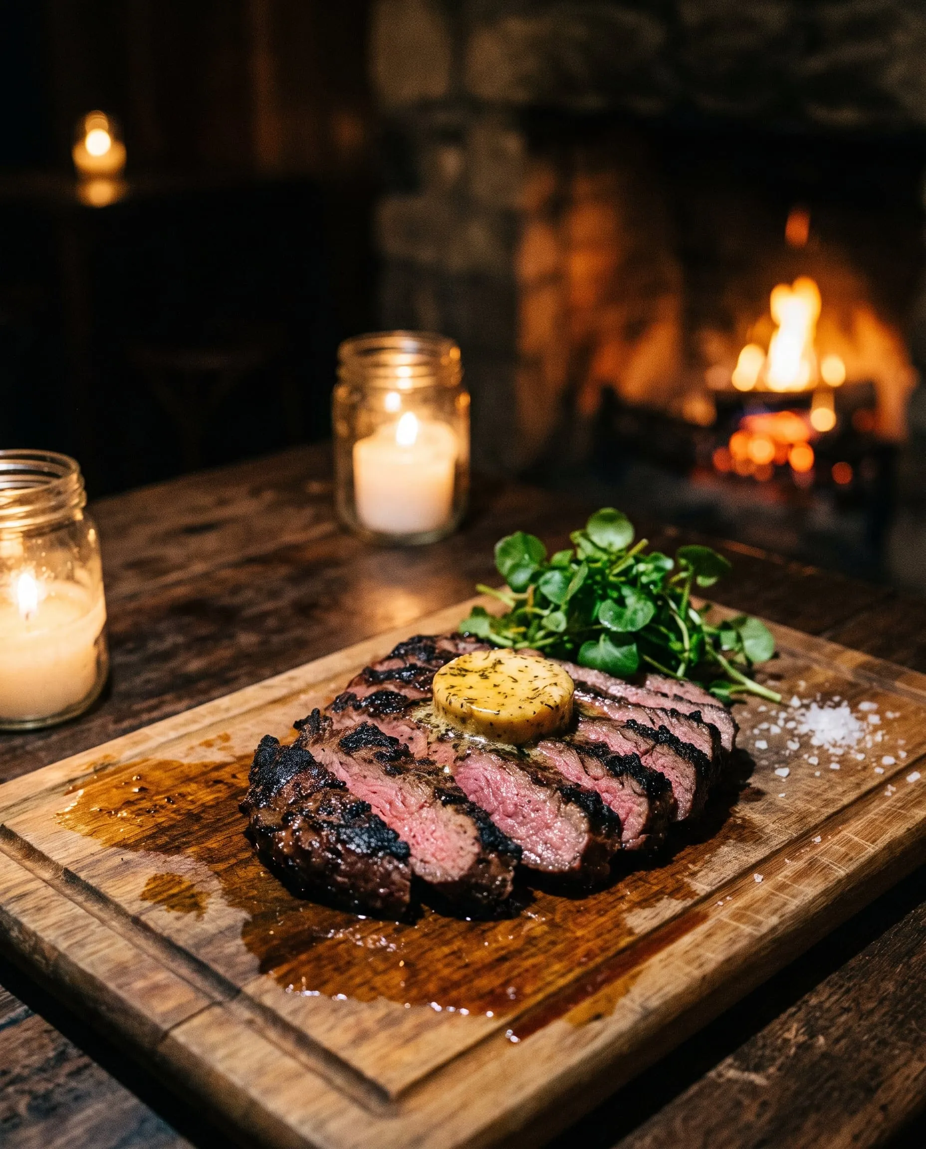 Sliced wood-grilled flank steak with a disc of smoked marrow butter and watercress on a timber board, a fire burning behind.